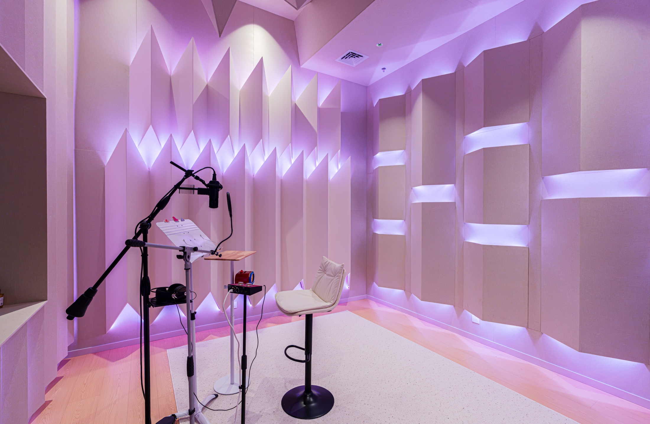 粉色灯带状态下的 Recording Room R 录音空间